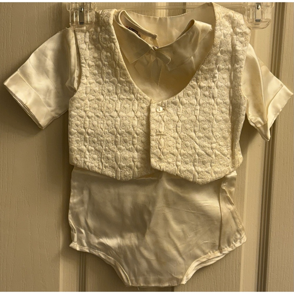 Vintage 90s SEARS Christening Oufit Satin Vest Romper, Vest & Hat 12‎ m Baptism